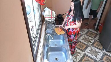 Stepmom fucked hard in the kitchen with big ass and soft tits Real amateur