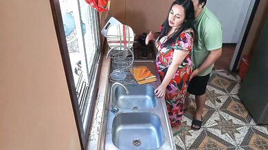 Stepmom fucked hard in the kitchen with big ass and soft tits Real amateur