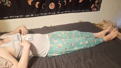 cute trans girl rubs her tits and cock to orgasm