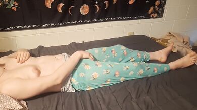 cute trans girl rubs her tits and cock to orgasm