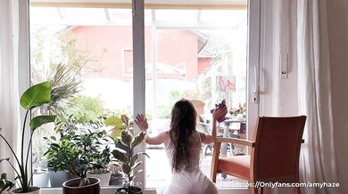 Naked Window Cleaning with a Hot Brunette in a Sheer Dress and No Panties * Amy Haze