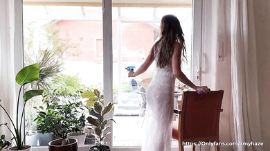 Naked Window Cleaning with a Hot Brunette in a Sheer Dress and No Panties * Amy Haze