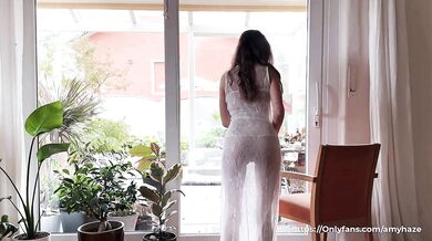 Naked Window Cleaning with a Hot Brunette in a Sheer Dress and No Panties * Amy Haze