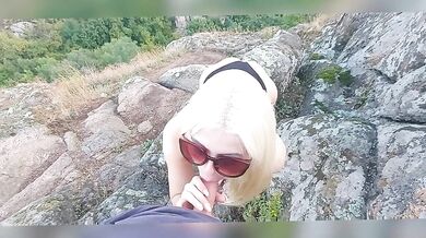 Blonde with long hair, big ass, sucks big dick, blowjob outdoors