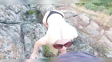 Blonde with long hair, big ass, sucks big dick, blowjob outdoors