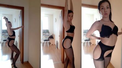 Black heels and sexy stoking brunette demonstrate her perfect body and tight pussy