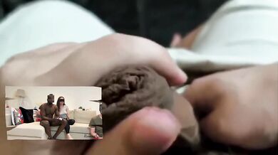 React: cuckold couple playing in PS5 with Bull. Creampie eating cuckold in chastity cleanup wife