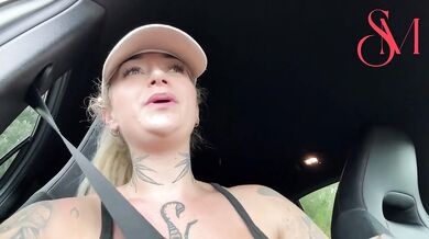 Car park whore shows off strangers cum on her tits in backseat after dogging!