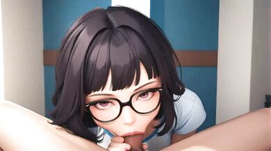 AI Generated - Nerdy Glasses Brunette Short Hair POV Sloppy Blowjob & Titfuck Bedroom