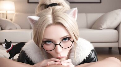 AI Generated - Sexy Blonde Bun Catgirl Sloppy Blowjob