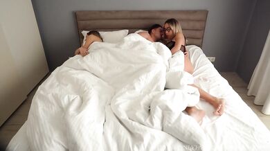 Seduced By Blonde Stepmom! Threesome Fuck With Horny MILF, GF Joined After Woke Up.