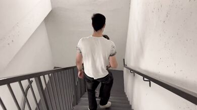 Public stairwell fuck in yoga pants with 2 guys ending in double facial / Amateur hotwife