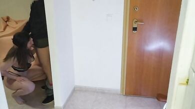 Wife fucks the delivery man while the husband watches. Cuckold fucks after