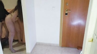 Wife fucks the delivery man while the husband watches. Cuckold fucks after