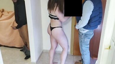 Wife fucks the delivery man while the husband watches. Cuckold fucks after