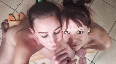 Two cum sluts beg for guy to cum in their eyes | piss eyes clean