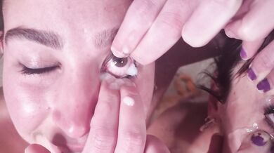 Two cum sluts beg for guy to cum in their eyes | piss eyes clean