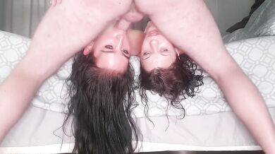 2 girls get upside down throat fuck