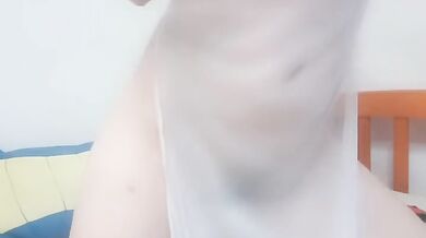 asian hana sexy in white dress you can see throw her small tit and hairy pussy