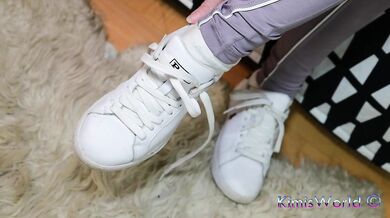 Lavender Leggings, Worn White Socks & Sneakers – Foot Tease & Shoeplay