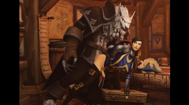 Futa Alliance Human Captain Ashtinn fucked by Worgen Genn Greymane, Secret affair in Garrison (clothed)
