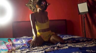 BTS: Hot Ebony in LED Mask Gags On Monster Dick.