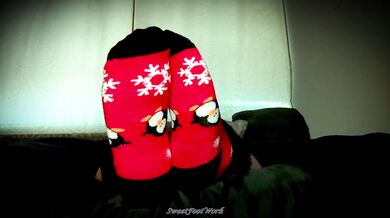 Sock Lovers Delight 2 - Cum Worship My Big Size 11 Feet in Red and Black Winter Socks With Fuzzy Ankle Cuffs