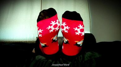 Sock Lovers Delight 2 - Cum Worship My Big Size 11 Feet in Red and Black Winter Socks With Fuzzy Ankle Cuffs