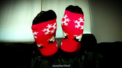 Sock Lovers Delight 2 - Cum Worship My Big Size 11 Feet in Red and Black Winter Socks With Fuzzy Ankle Cuffs