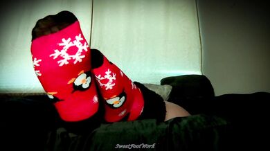 Sock Lovers Delight 2 - Cum Worship My Big Size 11 Feet in Red and Black Winter Socks With Fuzzy Ankle Cuffs