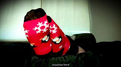 Sock Lovers Delight 2 - Cum Worship My Big Size 11 Feet in Red and Black Winter Socks With Fuzzy Ankle Cuffs