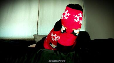 Sock Lovers Delight 2 - Cum Worship My Big Size 11 Feet in Red and Black Winter Socks With Fuzzy Ankle Cuffs