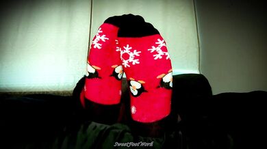 Sock Lovers Delight 2 - Cum Worship My Big Size 11 Feet in Red and Black Winter Socks With Fuzzy Ankle Cuffs