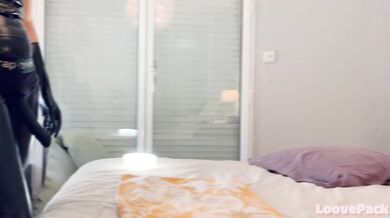 Domina girlfriend stretches and sensually pegs her guy, huge cumshot