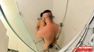 The shower leaked! Busty brunette riding hard on a thick cock.