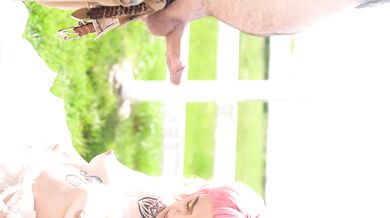 Cute Tattoo Girl Milks Daddy Outside the Barn