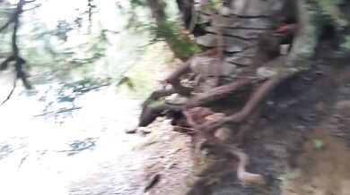 Milf fucks herself with huge dildo beside public river