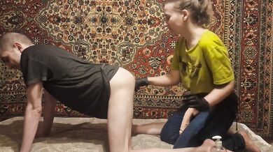 Russian beautiful girl fucking a slave strapon anal submission man amateur homemade Sasha Earth