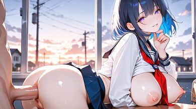 Hentai 3D Cute 19 year old anime girl with blue hair very horny and with big tits having sex at university wearing a short skirt and no panties