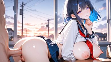 Hentai 3D Cute 19 year old anime girl with blue hair very horny and with big tits having sex at university wearing a short skirt and no panties