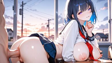 Hentai 3D Cute 19 year old anime girl with blue hair very horny and with big tits having sex at university wearing a short skirt and no panties