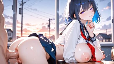 Hentai 3D Cute 19 year old anime girl with blue hair very horny and with big tits having sex at university wearing a short skirt and no panties