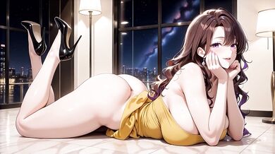 Big-breasted anime wife in tight yellow dress, luxurious mansion suite filled with semen to the brim