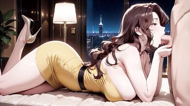 Big-breasted anime wife in tight yellow dress, luxurious mansion suite filled with semen to the brim