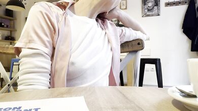 Extremely sexy white sheer blouse exposing my big hard pierced nipples in a coffee shop