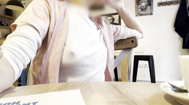 Extremely sexy white sheer blouse exposing my big hard pierced nipples in a coffee shop