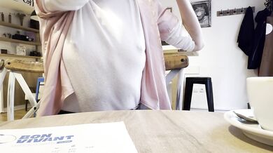 Extremely sexy white sheer blouse exposing my big hard pierced nipples in a coffee shop