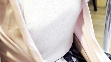 Extremely sexy white sheer blouse exposing my big hard pierced nipples in a coffee shop