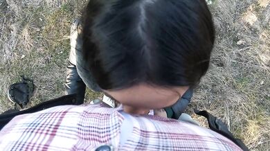 Public Risk in Tight Leather – Cameltoe, Blowjob & Cum on My Downjacket Twice