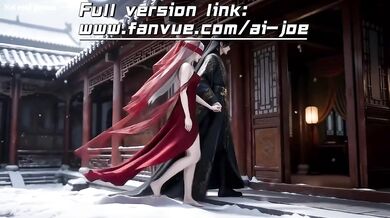 A Chinese classical beauty with skin as white as snow, dressed in red and with white hair. Blowjob, cum, first episode, AI-generated